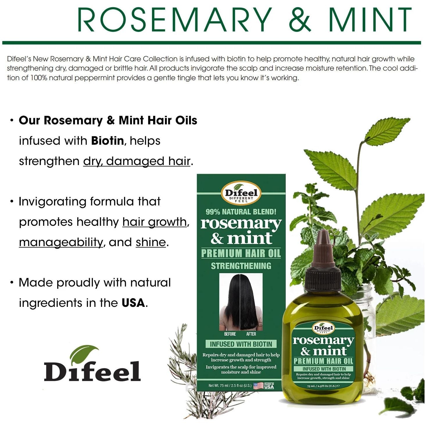 Difeel Rosemary &amp; Mint Premium Hair Oil With Biotin 75ml / 210ml