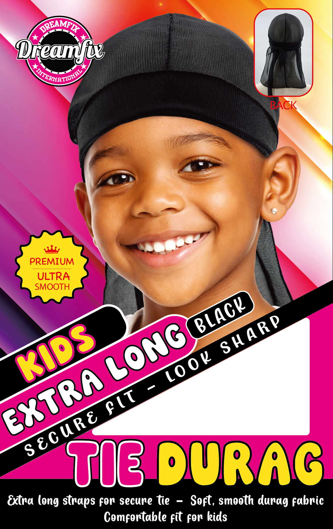 Dreamfix Kids Extra Long Tie Durag Black