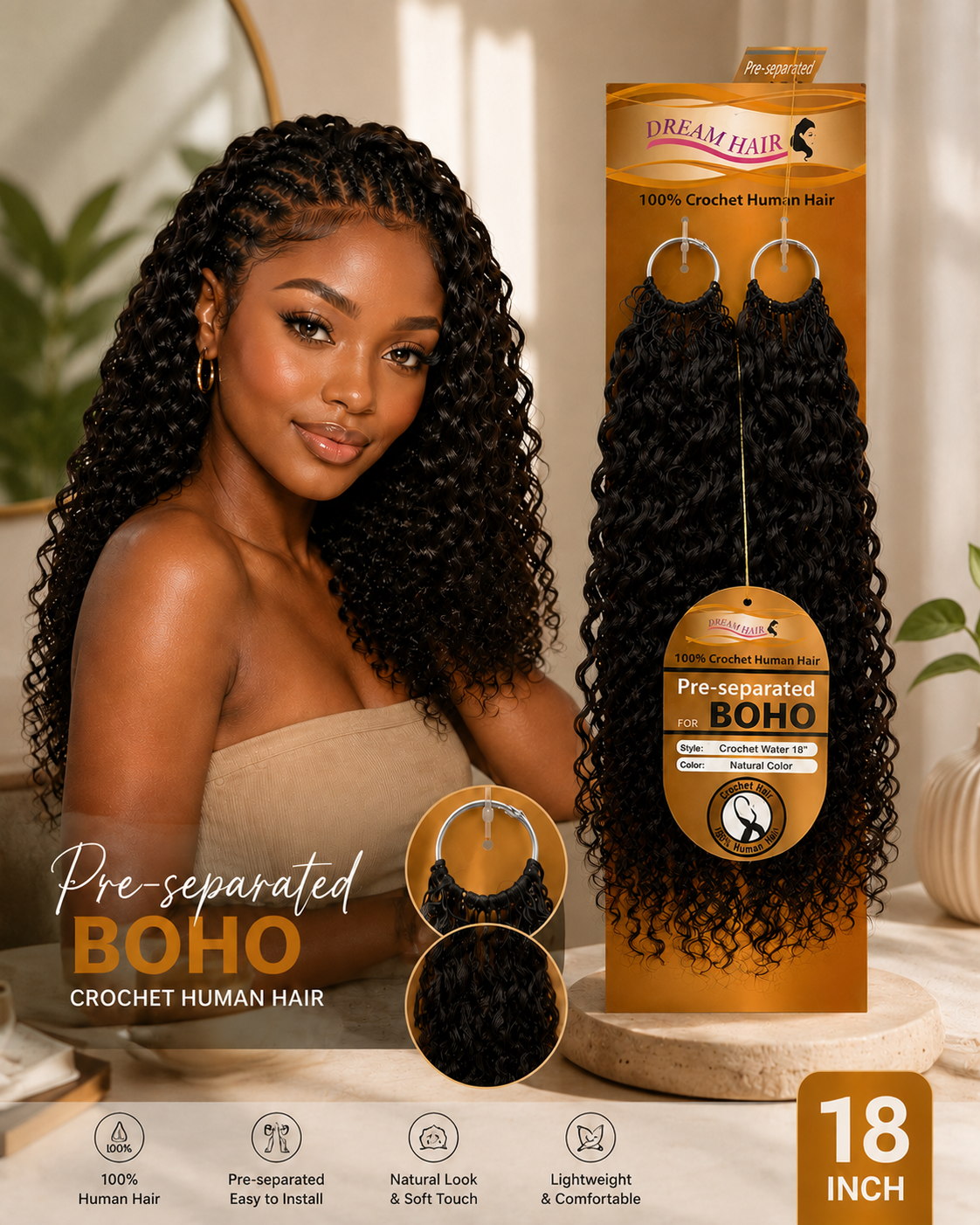 Dream Hair Crochet Human Hair Water Wave Natural Color 14"/18"