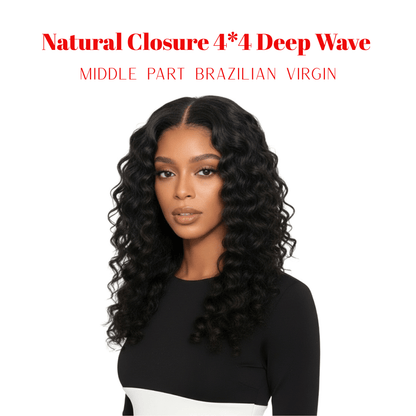 Dream Hair Natural Closure 4*4 Middle Part Deep Wave Brazilian Virgin 14:Natural Color - gtworld.de