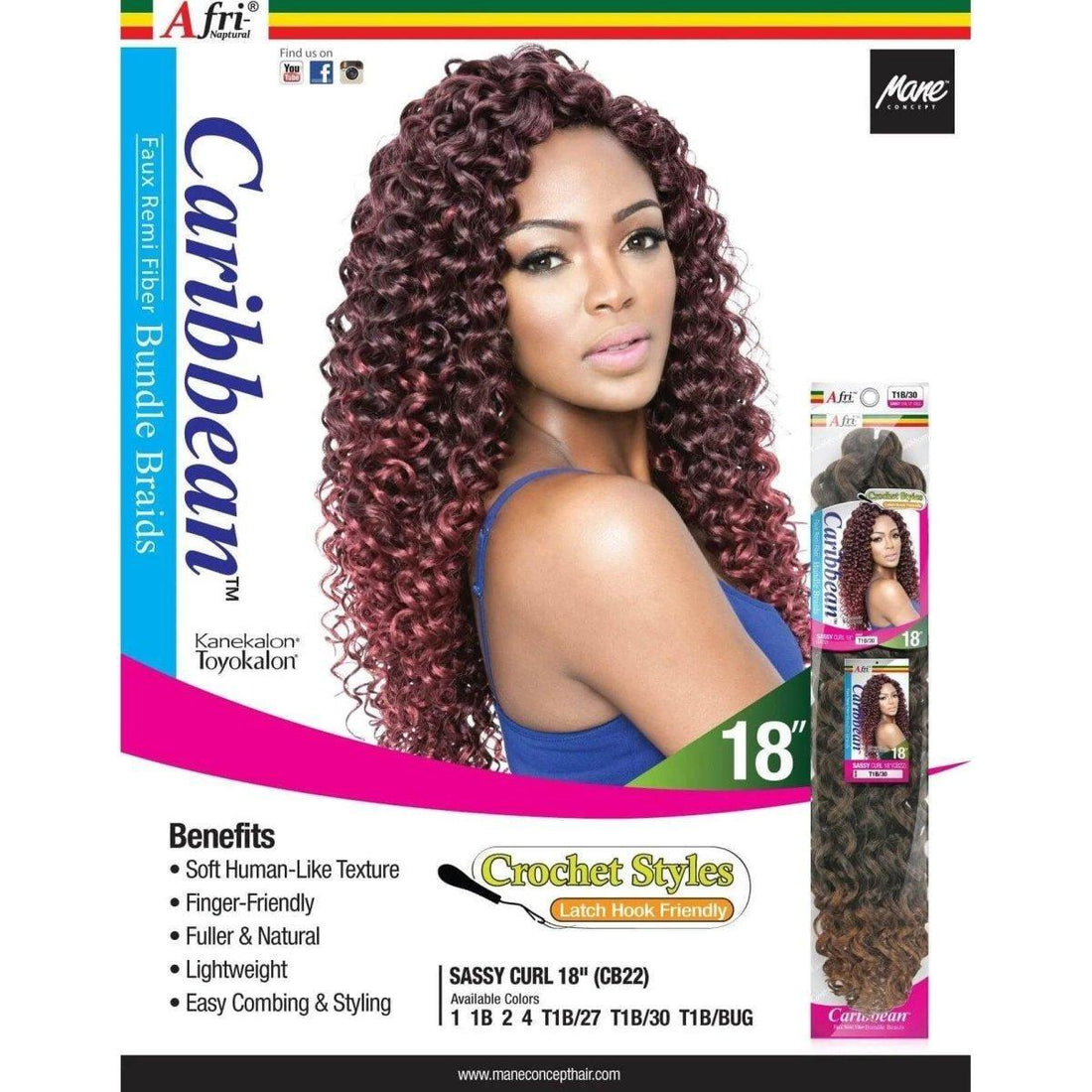 Mane Concept Afri - Naptural Caribbean Sassy Curl Crochet Braid Kanekalon + Toyokalon Fiber 18&quot; - Gtworld.de